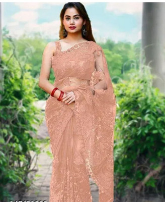NIYANTAKSH Embroidered Bollywood Net Saree(Orange)
