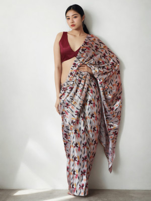 Sangria Printed Bollywood Silk Blend Saree(Silver)