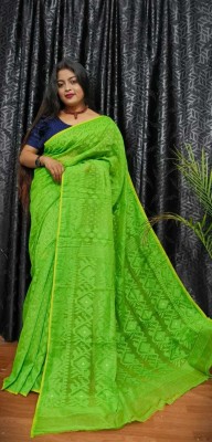 OWALID Self Design Jamdani Cotton Silk Saree(Light Green)