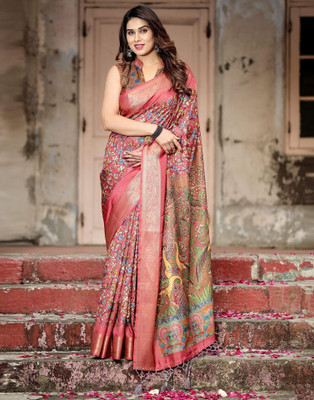 Satrani Printed Kalamkari Tussar Silk Saree(Pink, Brown)