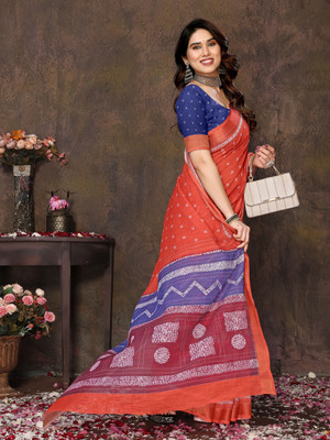 Soor Panchi Digital Print Banarasi Cotton Linen Saree(Red)