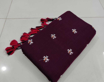 Parbati fashion Embroidered Handloom Cotton Blend Saree(Purple, Red, White)