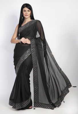 Bunny Creation Solid/Plain Bollywood Lycra Blend Saree(Black)