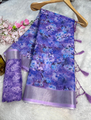 Divastri Digital Print Banarasi Cotton Linen Saree(Dark Blue)