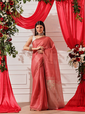 SILK ZONE Printed Bollywood Cotton Blend Saree(Red)