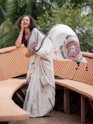 yourwish Printed Bollywood Cotton Blend Saree(Red, White)