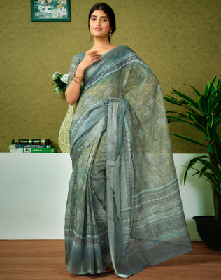 SIRIL Digital Print, Floral Print, Embellished Bollywood Linen Saree(Green)