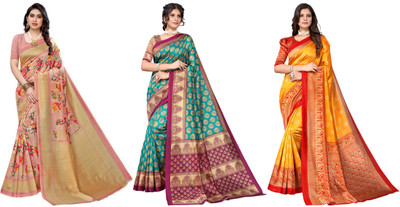 ANIRAV Printed Kalamkari Art Silk Saree(Pack of 3, Pink, Blue, Yellow)
