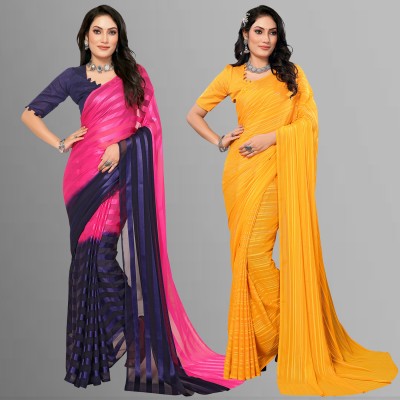 Anand Sarees Striped Bollywood Satin Saree(Pack of 2, Pink, Blue, Yellow)