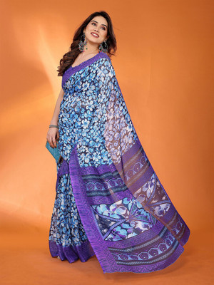 ANOUK Printed Saree with Attached Blouse Cotton Blend Saree(Blue)