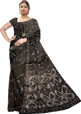 SHRISTI CLOTHINGS Printed Kantha Silk Blend Saree(Black)