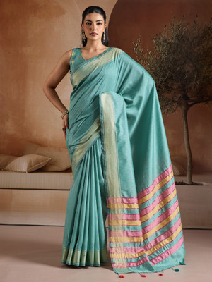 Divastri Solid/Plain, Striped Mangalagiri Silk Blend Saree(Light Blue)