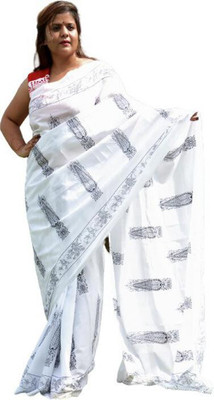 Clothonus Printed Ikkat Pure Cotton Saree(White)