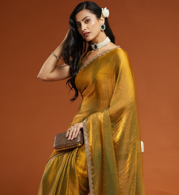 PD CLOTH VILLA Embellished Bollywood Tissue, Pure Silk Saree(Yellow)