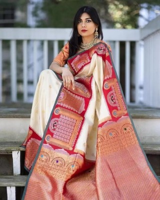 sheladiya Woven Kanjivaram Pure Silk Saree(White)