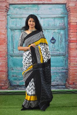 Tropwear Self Design, Printed, Blocked Printed, Digital Print, Hand Painted Ikkat Pure Cotton Saree(White)