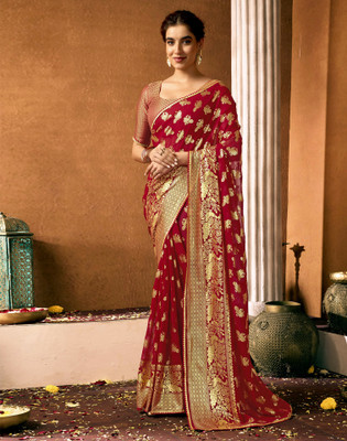 Samah Printed, Temple Border, Embellished Bollywood Georgette Saree(Red)