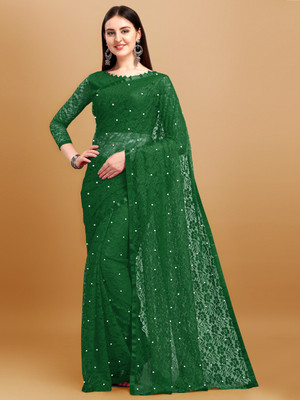 LOROFY Embellished Bollywood Net Saree(Dark Green)