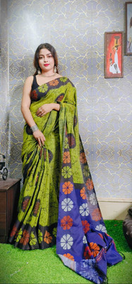 Joyguru Textile Printed Hand Batik Cotton Blend Saree(Light Green)