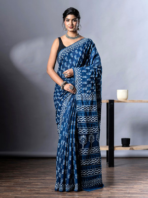 NaiNath Fab Hand Painted Handloom Pure Cotton Saree(Blue)