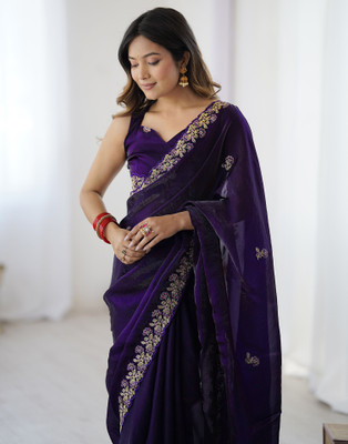 Satrani Embellished, Embroidered Bollywood Jimmy choo, Tissue Saree(Purple)