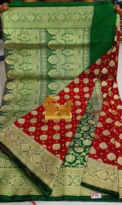 HouseOfCommon Woven, Polka Print Banarasi Jacquard Saree(Maroon, Green)