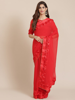 Tasrika Self Design, Embroidered Bollywood Georgette Saree(Red)
