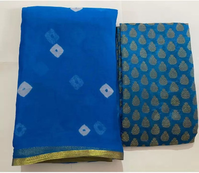 Swarne Geometric Print Bandhani Chiffon Saree(Light Blue)