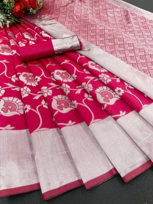 LIMVRUX Printed, Self Design, Temple Border, Embroidered, Woven, Floral Print, Solid/Plain Dharmavaram Jacquard, Pure Silk Saree(Pink)