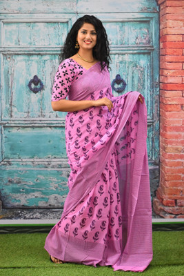 Kiaaron Printed Daily Wear Pure Cotton Saree(Pink)