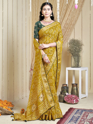 LeeliPeeri Designer Printed Bandhani Silk Blend Saree(Mustard)