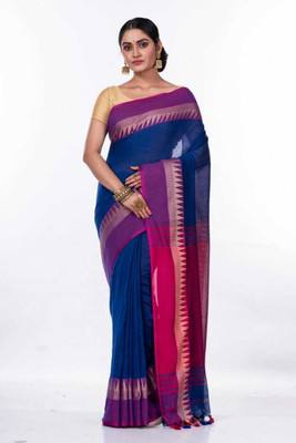 BiswasTextiles Woven Handloom Cotton Blend Saree(Red)