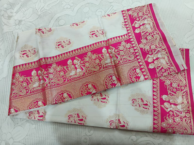 BALUCHURI Printed Baluchari Silk Blend Saree(White, Pink)