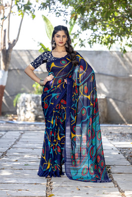 Leelavati Printed Daily Wear Georgette Saree(Dark Blue)