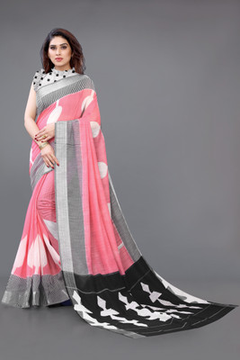 MIRCHI FASHION Printed, Solid/Plain Bollywood Cotton Blend Saree(Pink, White, Grey)