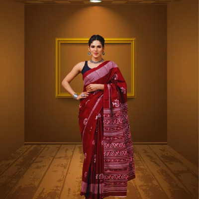 Tetarwal Floral Print Daily Wear Pure Cotton Saree(Maroon)