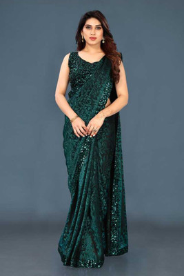Shree Shyam Creation Digital Print, Embroidered, Solid/Plain, Printed Bollywood Lycra Blend Saree(Green)