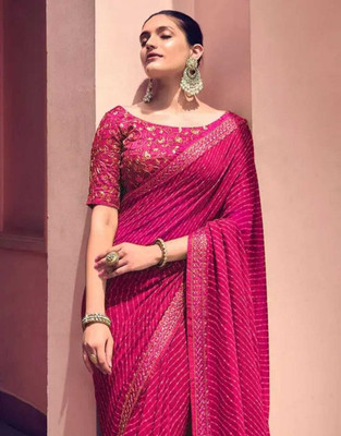 Disha Fashion Embroidered Banarasi Georgette Saree(Pink)