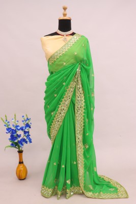 Disha Fashion Embroidered Banarasi Georgette Saree(Green)