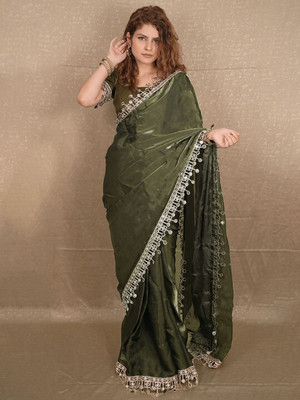 ANOUK Embellished Saree with Attached Blouse Organza Saree(Green)