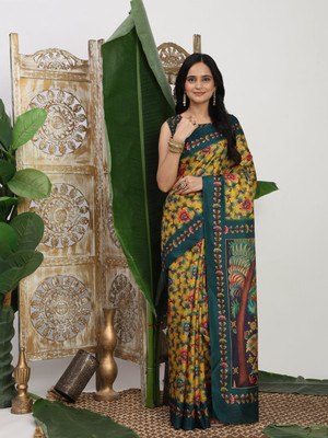 SCFO Digital Print Saree with Attached Blouse Tussar Silk Saree(Yellow)