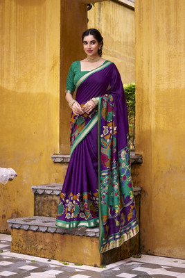 LookNbook art Printed Kalamkari Cotton Blend Saree(Purple)
