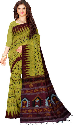 Joyguru Textile Geometric Print, Printed, Temple Border Sambalpuri Cotton Blend Saree(Light Green)