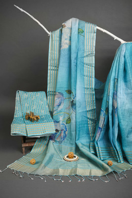 kaizen texo fab Floral Print Bollywood Linen Saree(Multicolor, Blue)