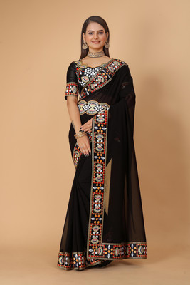 Tejal Creation Self Design Bollywood Georgette Saree(Black)
