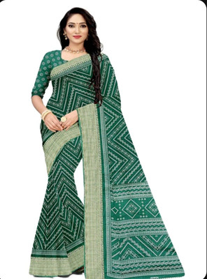 Fashionlu Printed Bandhani Cotton Silk Saree(Green)