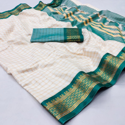 JbWorld Checkered, Woven Gadwal Cotton Silk, Pure Silk Saree(White, Light Green)