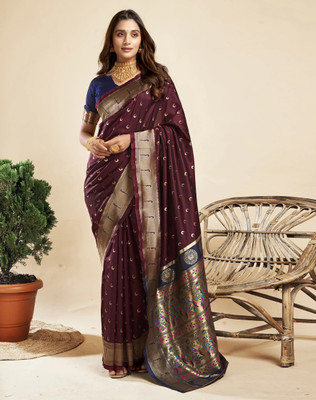SATQ Woven, Floral Print, Paisley, Animal Print, Temple Border Kanjivaram Art Silk, Jacquard Saree(Maroon)