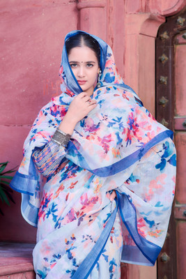 Vinayak Textile Printed Bollywood Linen Saree(Blue)