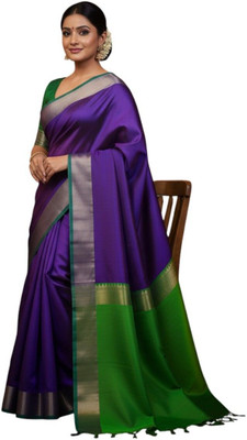 kastui Sarees Solid/Plain, Woven Gadwal Handloom Silk Blend Saree(Purple)